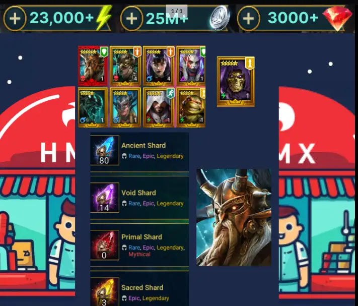Mythical-AlaztheSunbearer + Shards (Yellow 3, Purple 14, Blue 80, Red 8) LEG (Red + Xenomorph + Ezio) Red 23000 Energy Red 3000 Gems