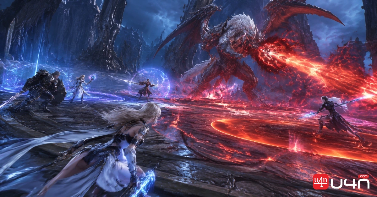 AION 2 fantasy MMORPG dungeon party fighting a powerful boss