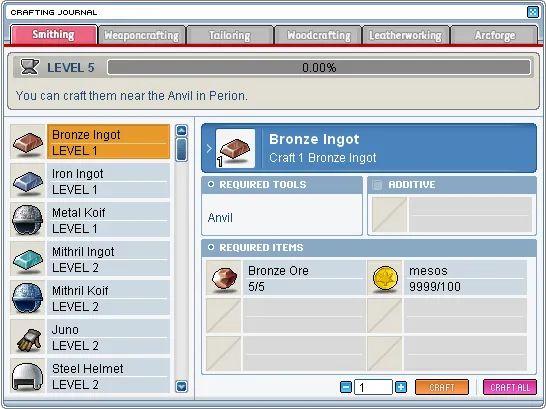 Smithing and crafting interface in MapleStory Classic World
