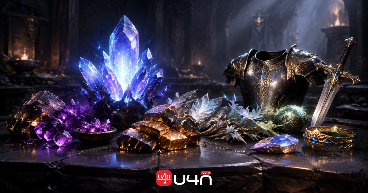 Fantasy MMORPG crafting materials, glowing crystals, and enhancement stones inspired by AION 2 progression