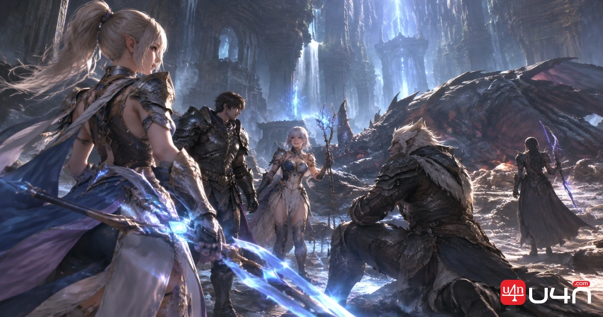 AION 2 style adventurers celebrating a successful dungeon clear with glowing weapons