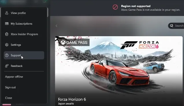 Select Support from the dropdown menu