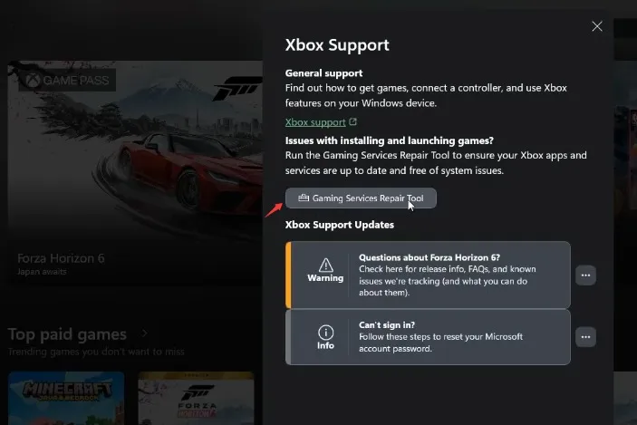 Click on the Gaming Services Repair Tool
