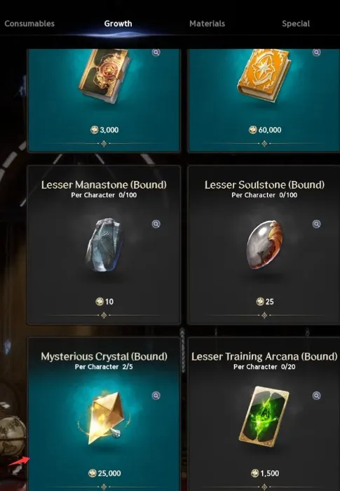 Buy Mysterious Crystals from Season Shop