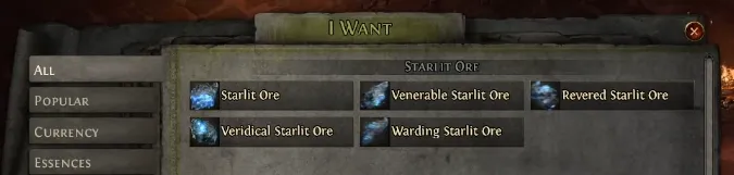 PoE 2 List of PoE Starlit Ore