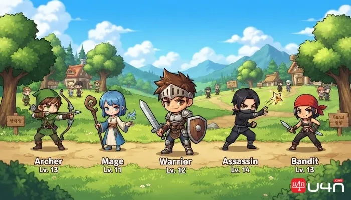 MapleStory Classic World first job characters representing Warrior, Mage, Archer, Assassin, and Bandit
