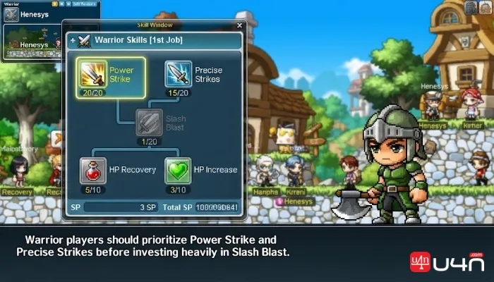 MapleStory Classic World Warrior skill build featuring Power Strike, Precise Strikes, Slash Blast, and HP skills