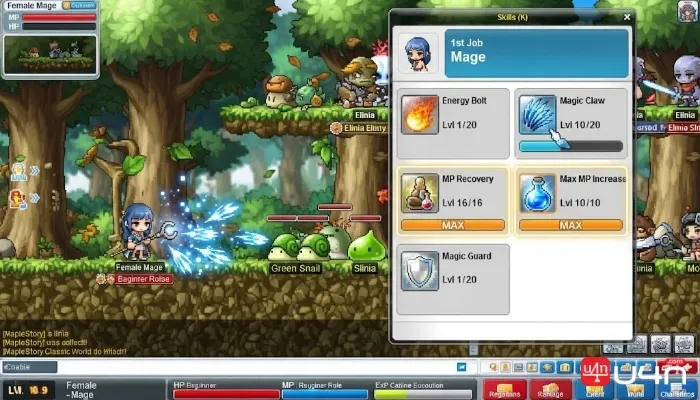 MapleStory Classic World Mage skill build highlighting Magic Claw, MP Recovery, Max MP Increase, and Magic Guard
