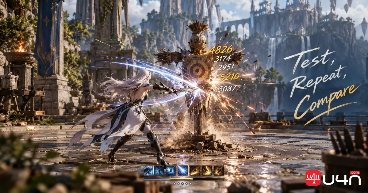 AION 2 player testing a combat build on a Training Scarecrow