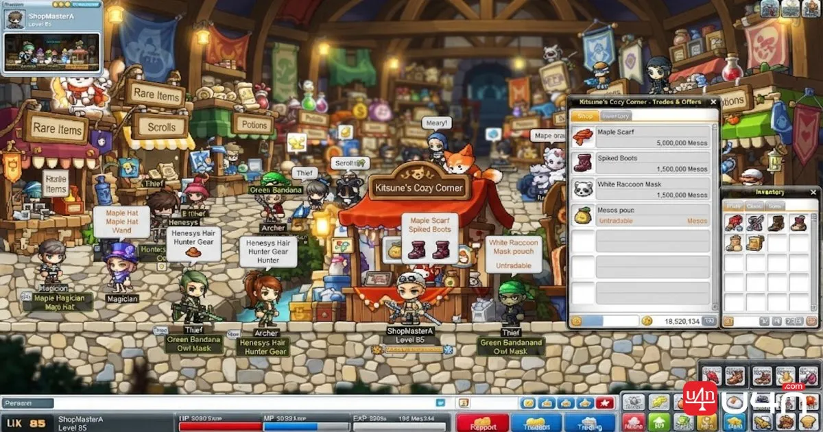 MapleStory Classic World Free Market where players trade cosmetic items for Mesos