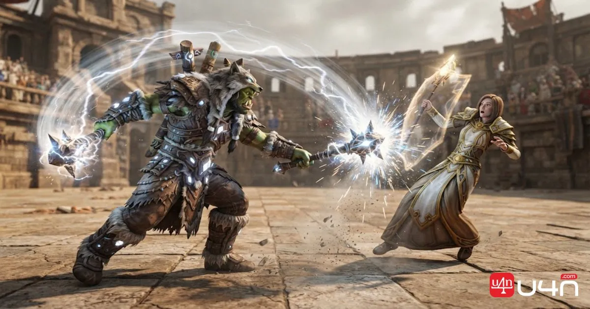 WoW Forever Shaman and Priest facing off in a competitive PvP duel