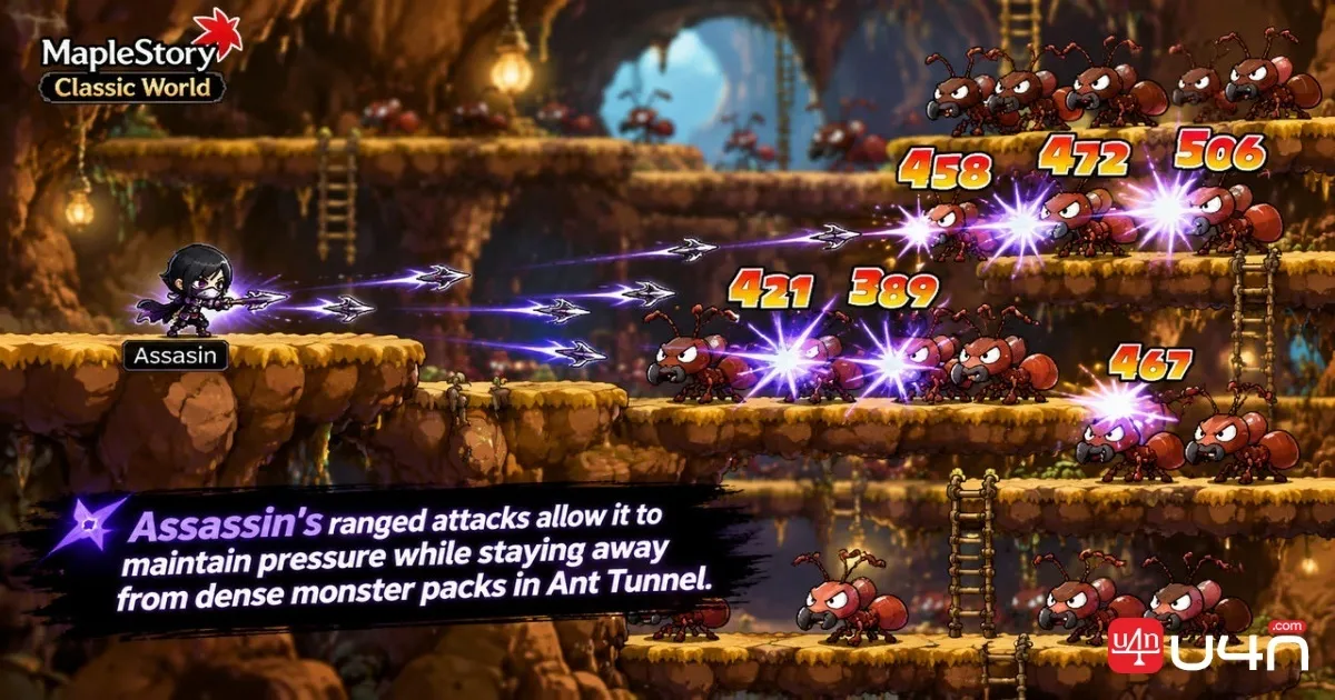 MapleStory Classic Assassin grinding monsters in Ant Tunnel with ranged attacks