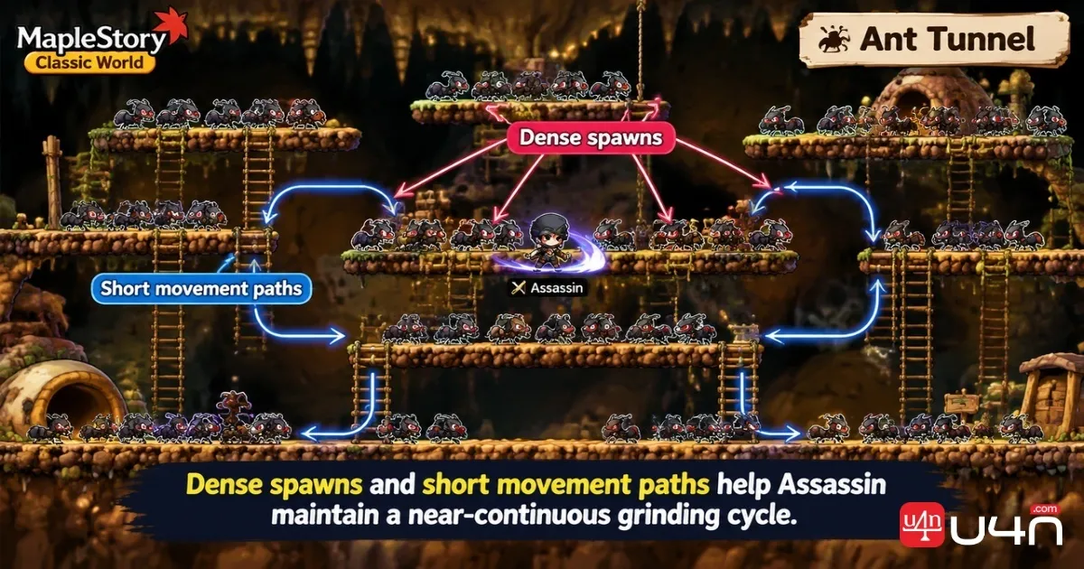 MapleStory Classic Assassin reaching a two-shot kill threshold during early leveling