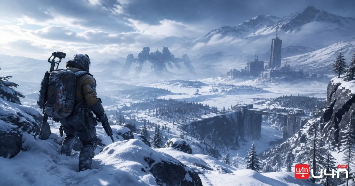 ARC Raiders Frozen Trail snowy map with a Raider overlooking the frozen environment