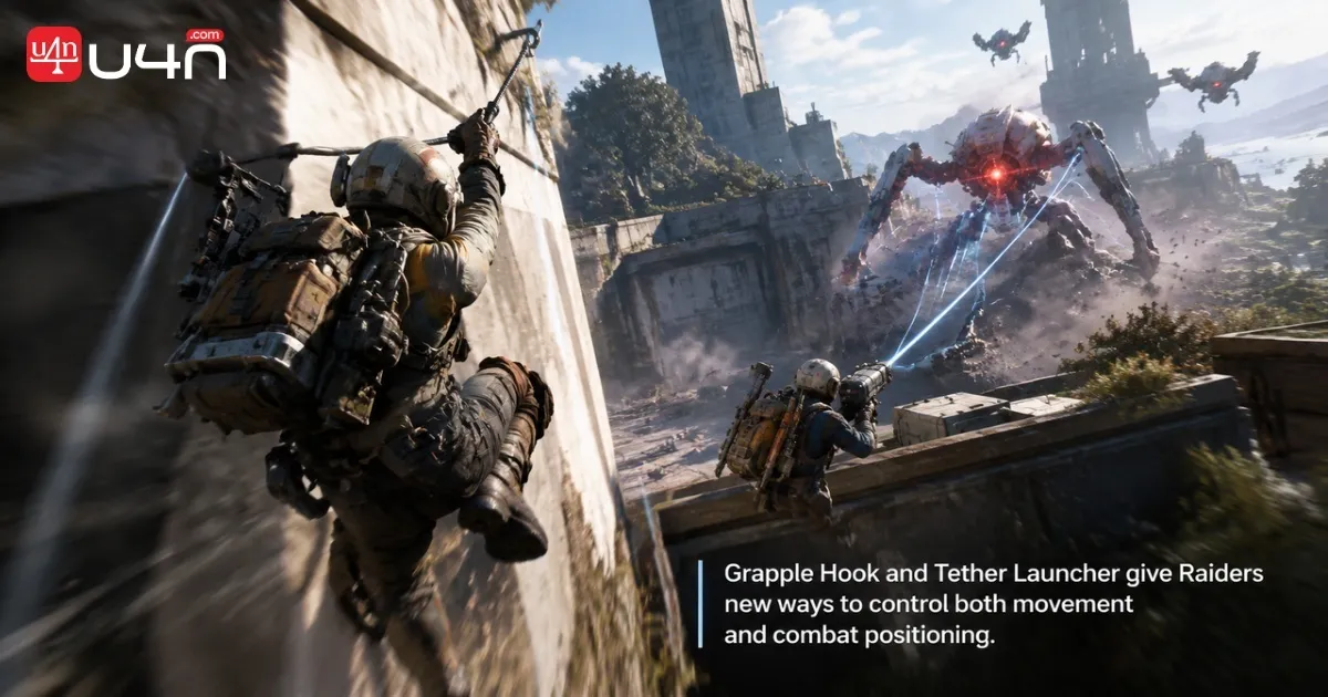 ARC Raiders Grapple Hook and Tether Launcher used during a combat encounter