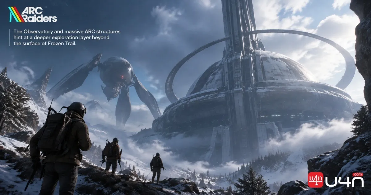 ARC Raiders team approaching a massive Observatory structure in Frozen Trail