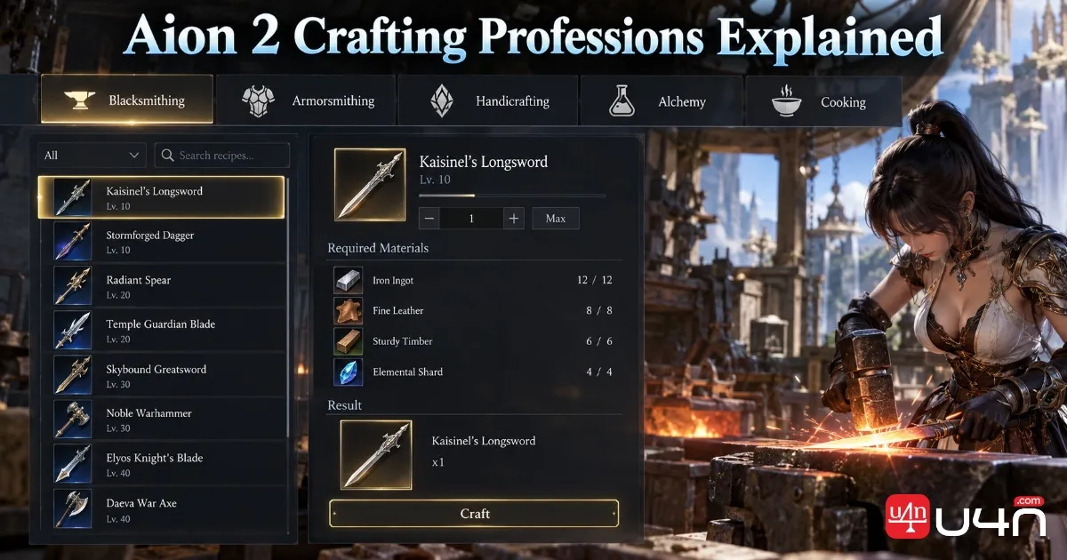 Aion 2 crafting interface showing the available crafting specializations