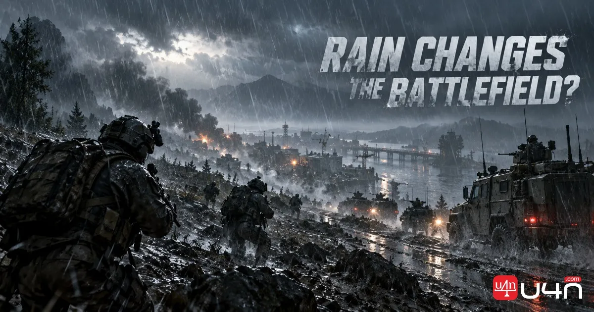 Heavy rain falling across a realistic tactical shooter battlefield with soldiers and military vehicles