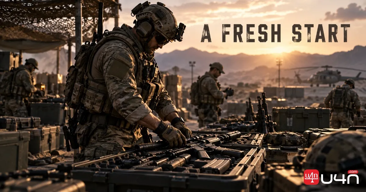 Tactical shooter soldier preparing weapons and equipment before starting a new progression season