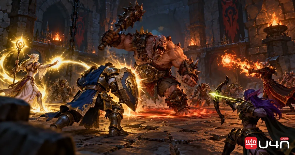 A WoW Forever dungeon party fighting monsters together