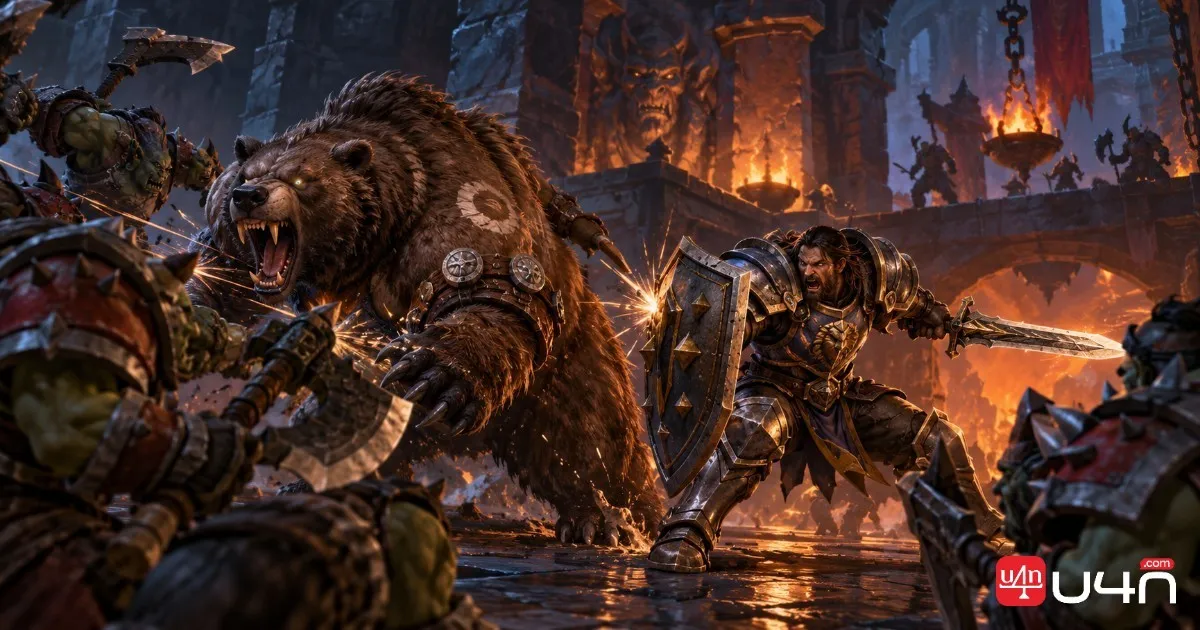 Warrior and Druid tanking enemies in a WoW Forever dungeon