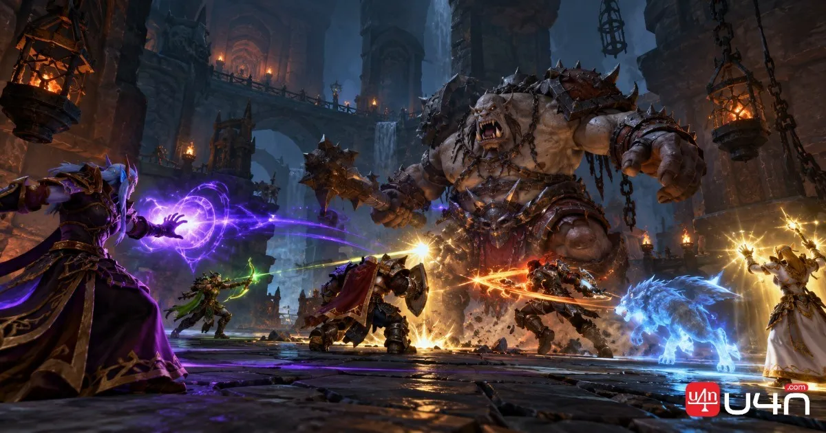 A group of WoW Forever classes cooperating in a dungeon