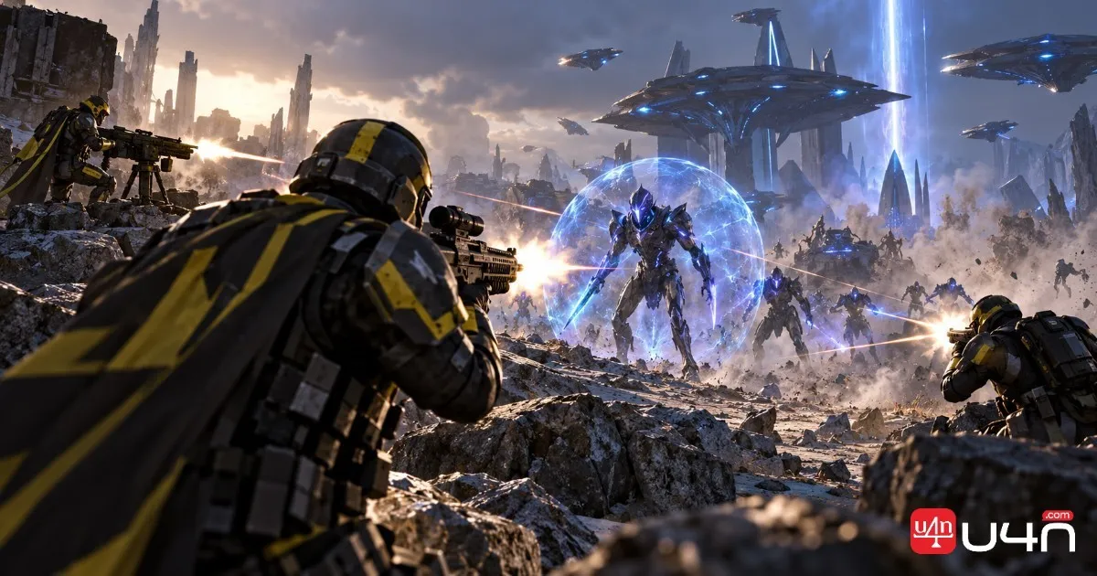 Helldiver engaging a dangerous Illuminate Overseer during combat