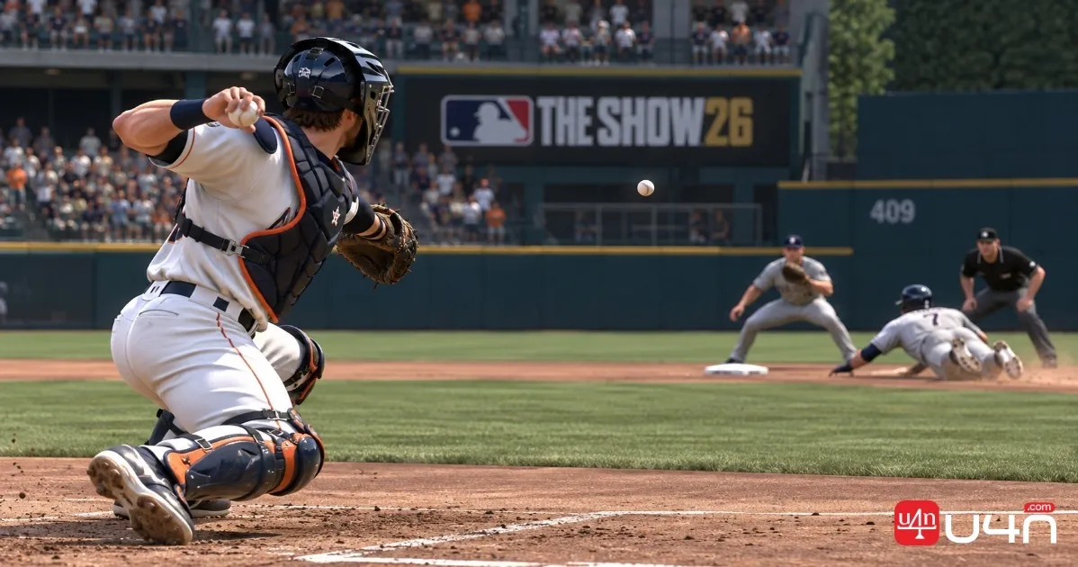 Carter Jensen behind the plate preparing to throw out a baserunner in MLB The Show 26