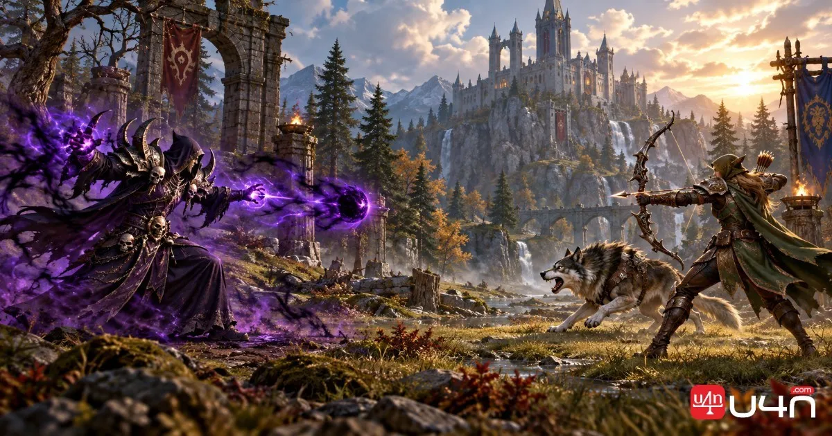 Fantasy MMORPG duel between a Warlock using shadow magic and a Hunter fighting alongside a pet