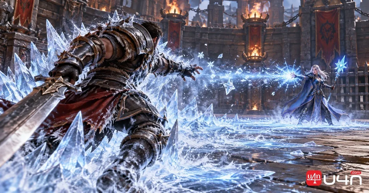 Frost Mage using an icy nova to slow an approaching armored Warrior in a fantasy MMORPG duel