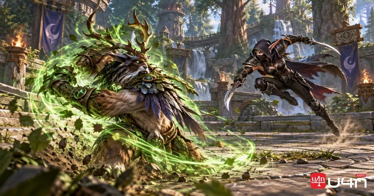 Druid surrounded by green nature magic facing a stealth Rogue in a fantasy MMORPG duel