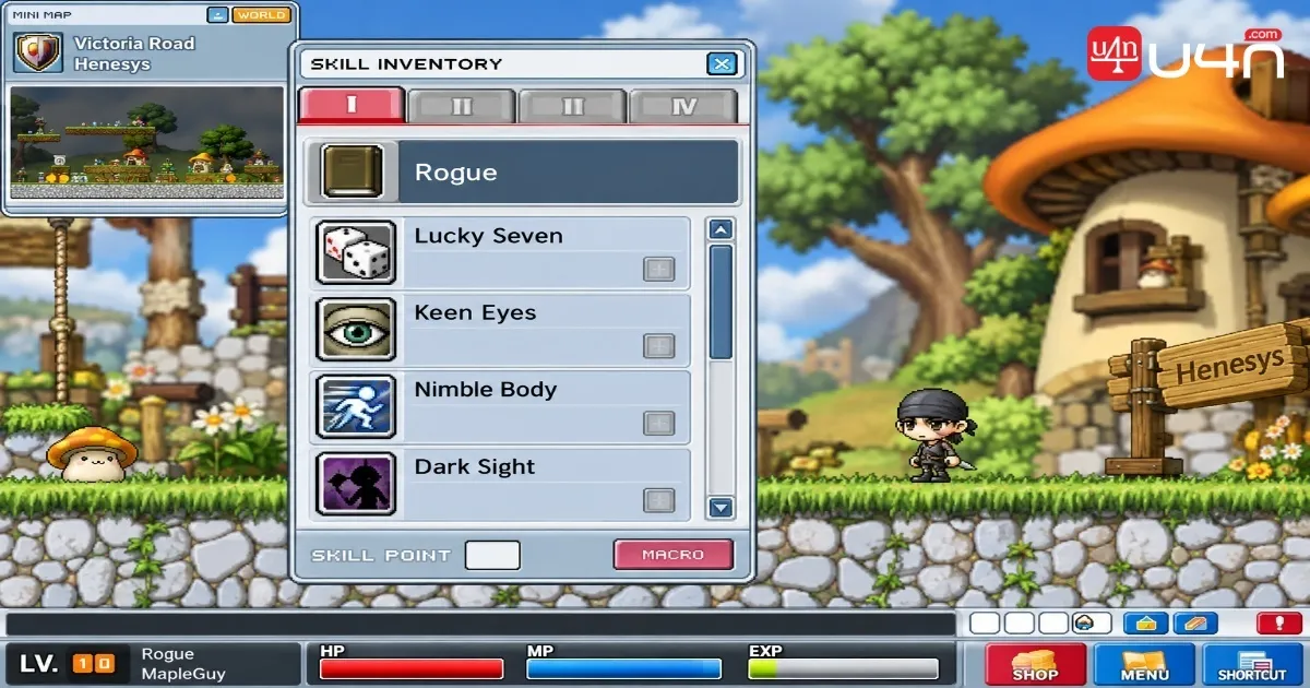 MapleStory Classic World Rogue skill build featuring Lucky Seven, Keen Eyes, Nimble Body, and Dark Sight