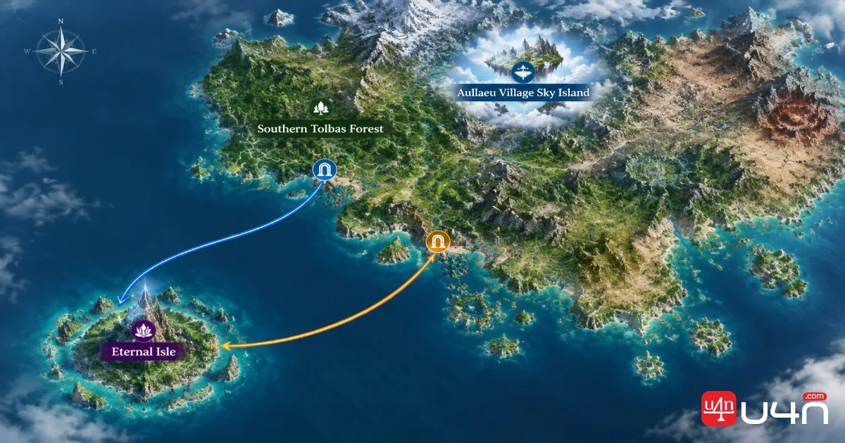 Aion 2 Verteron map showing Eternal Isle and its two Windstream access routes