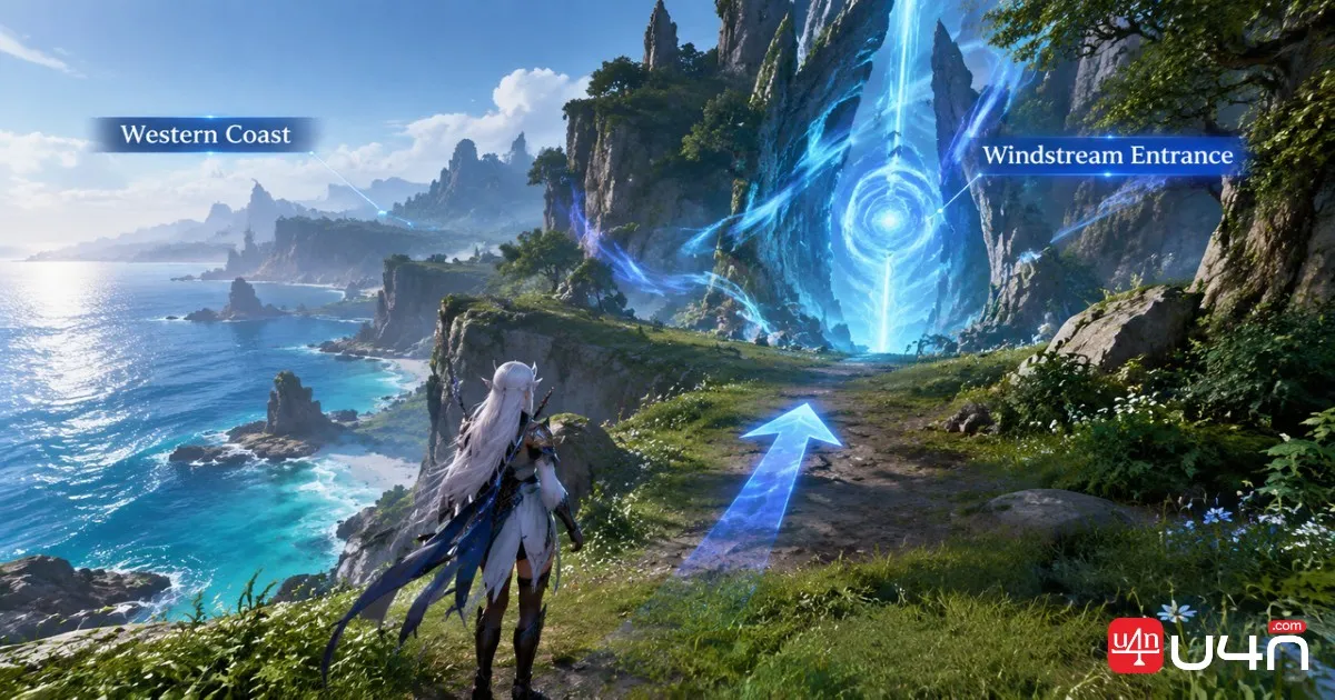 Aion 2 Southern Tolbas Forest western coastline with the blue Windstream entrance