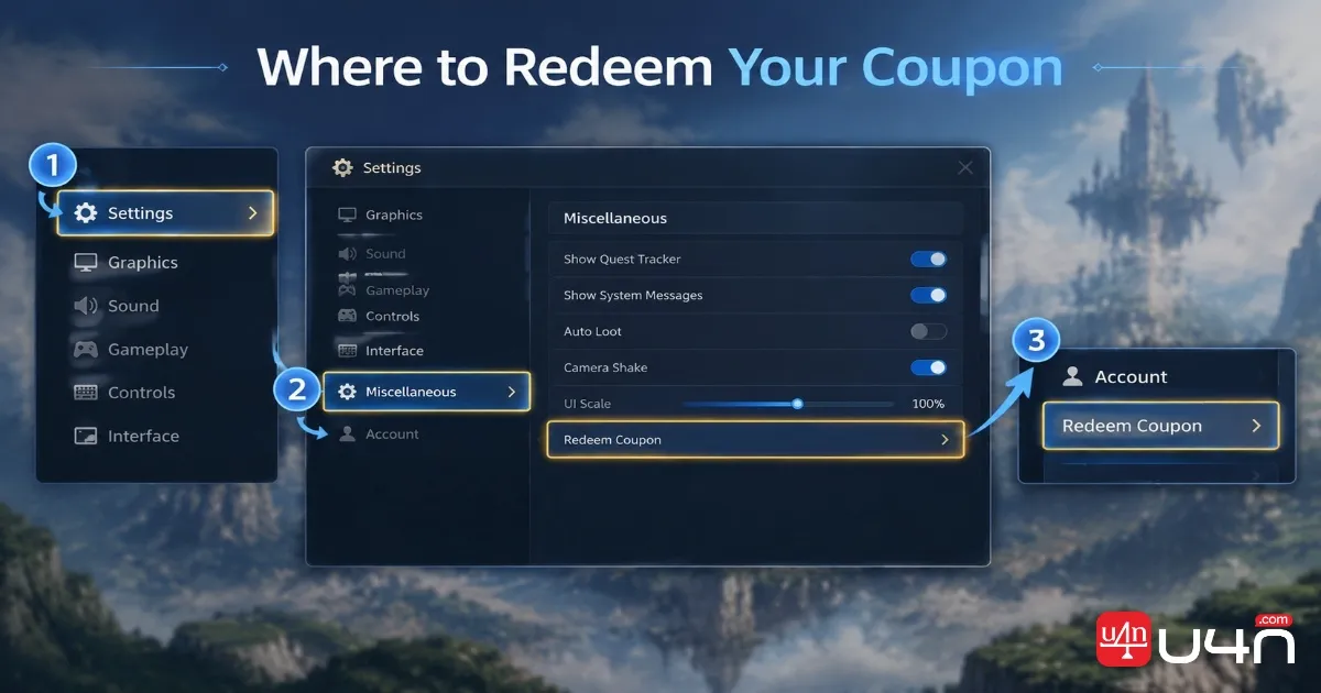AION 2 Settings menu showing the Miscellaneous and Account coupon redemption path