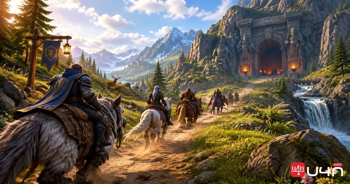 World of Warcraft Classic-style adventurers traveling together across Azeroth toward a dungeon
