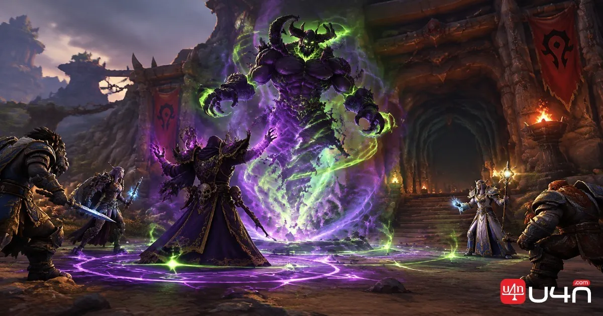 World of Warcraft Warlock performing a group-summoning ritual with party members nearby