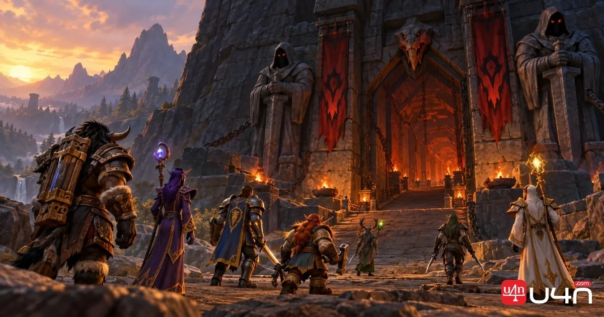 World of Warcraft adventuring party gathered outside a dungeon entrance in Azeroth