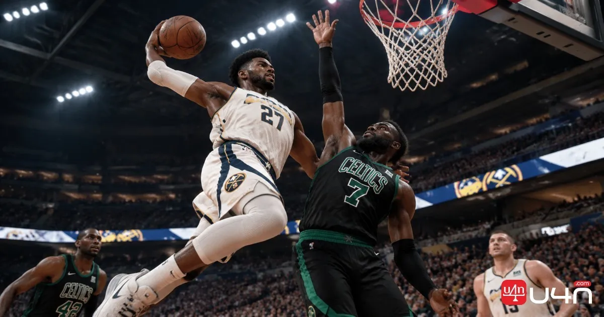 NBA 2K27 basketball gameplay featuring a dunk attempt and a defending player