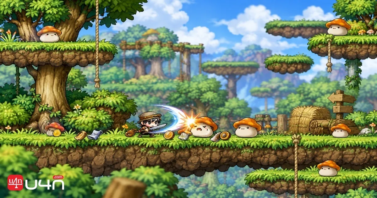 A MapleStory Classic World character farming monsters and collecting ordinary drops for consistent Mesos income