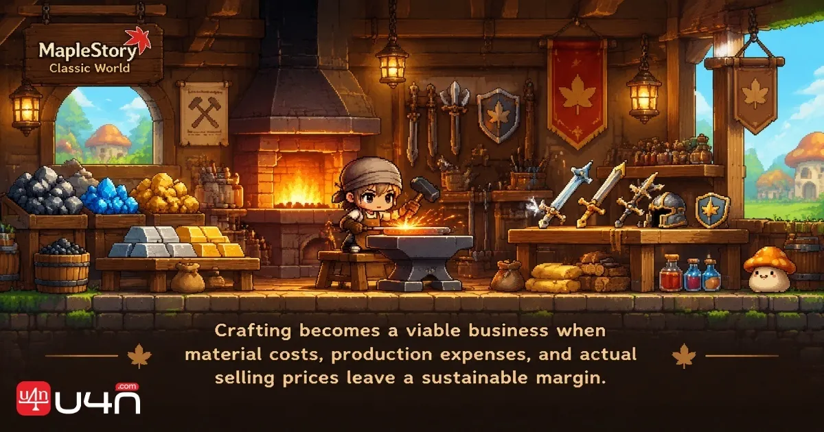 MapleStory Classic World crafting workshop with ores, ingots, and equipment ready for production and resale