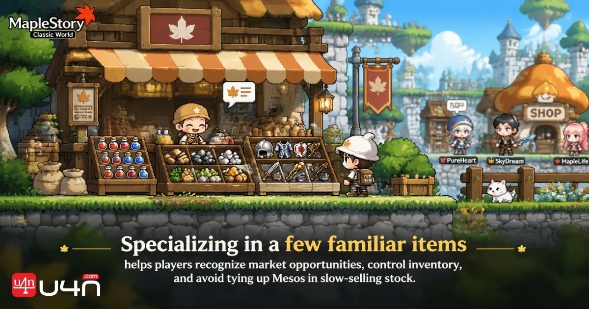 A MapleStory Classic World merchant organizing materials and equipment to manage inventory and improve trading profits
