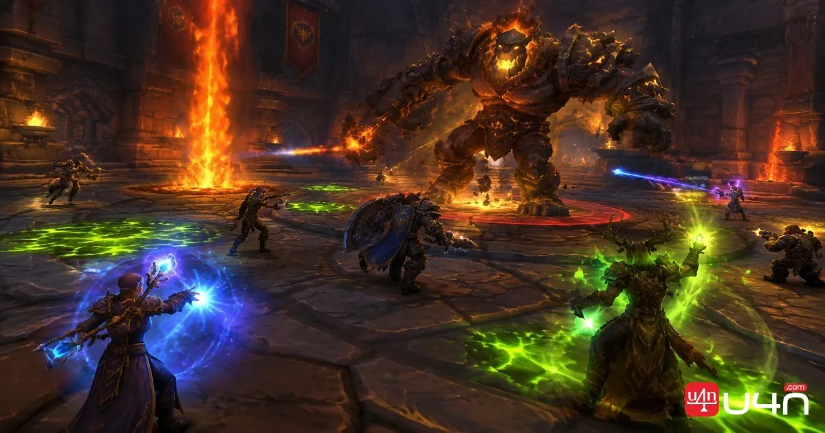 World of Warcraft players coordinating character roles and combat positioning during a dungeon boss encounter