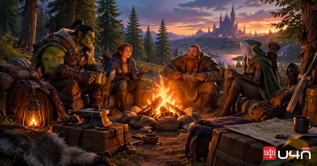 Fantasy adventurers gathered around a campfire in a forest clearing, representing outdoor interaction and social gameplay