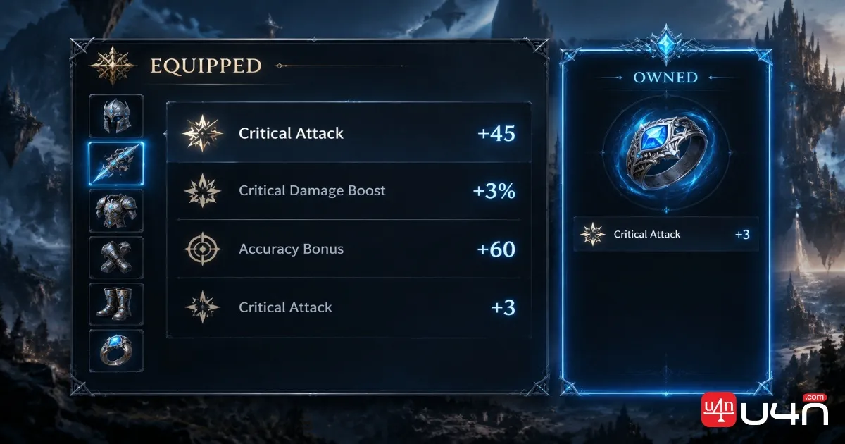 Aion 2 Golden Glow title stats showing Critical Attack, Critical Damage Boost, and Accuracy Bonus