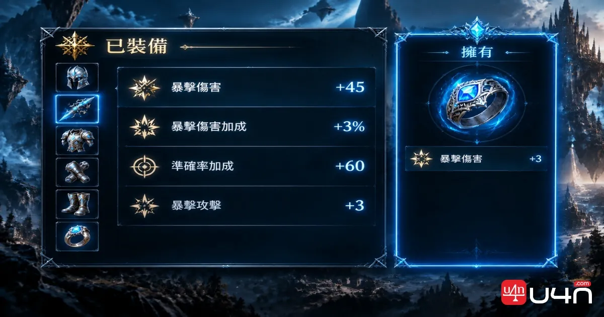Aion 2 黃金光輝稱號屬性，包含暴擊攻擊、暴擊傷害加成與命中加成
