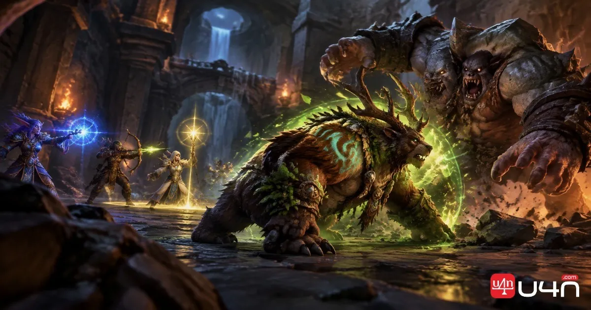 Feral Druid tanking enemies while supporting a dungeon group in WoW Forever
