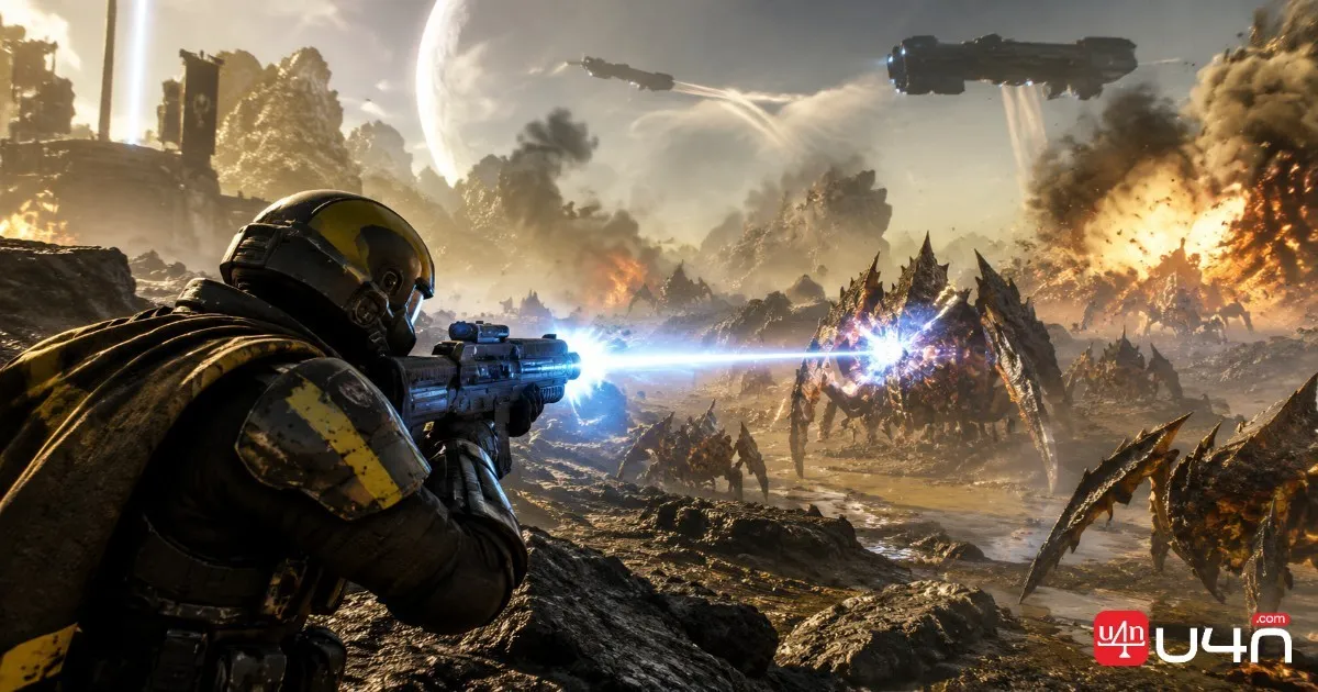 Helldiver using the AR/GL-21 One-Two and other weapons against enemies on an alien battlefield