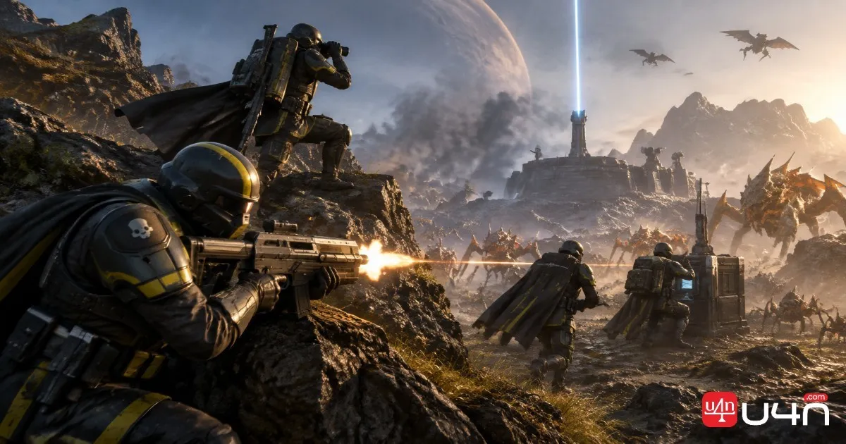 Helldivers squad coordinating weapon coverage and supporting teammates during a cooperative mission