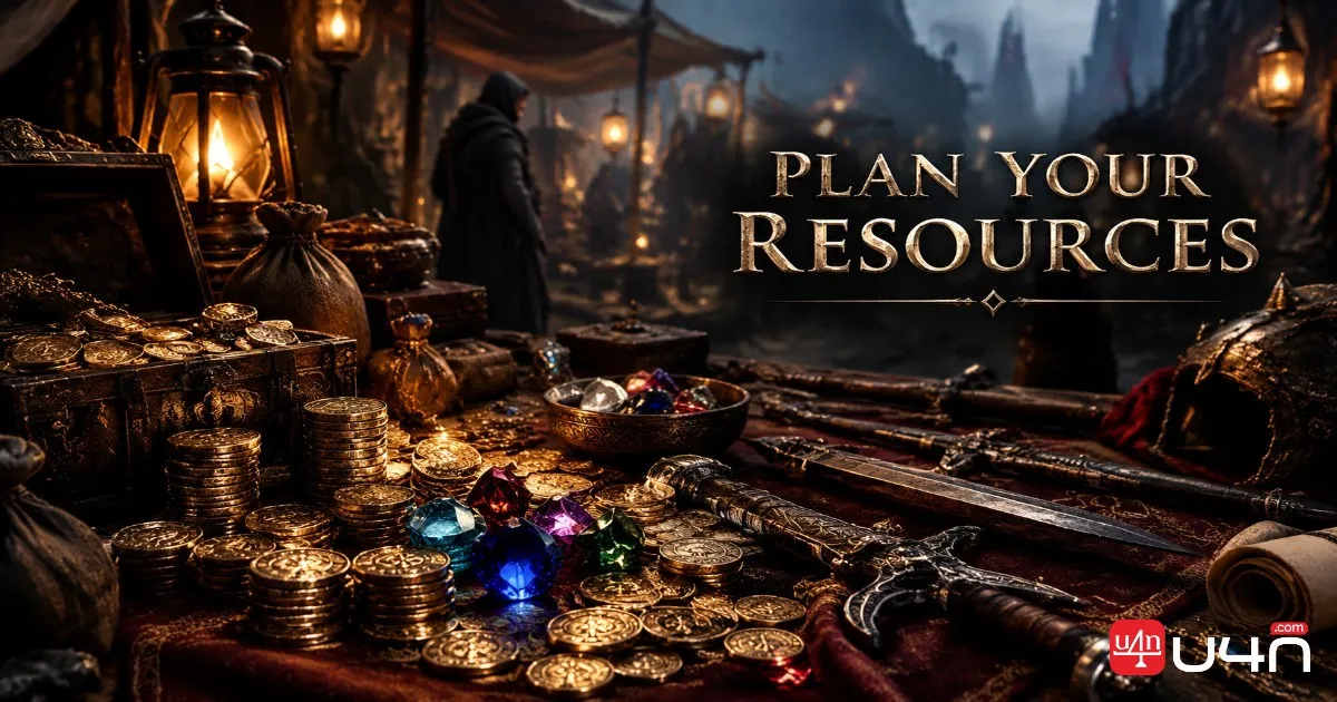 Dark fantasy role-playing game trading scene with weapons, equipment, and currency items
